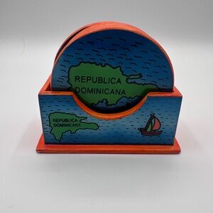Set of vintage Caribbean coasters (6 coasters and box) from Dominican Republic